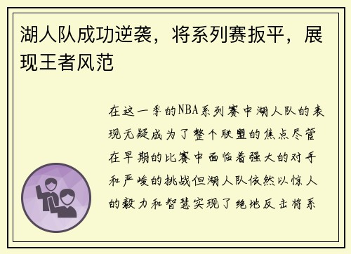 湖人队成功逆袭，将系列赛扳平，展现王者风范