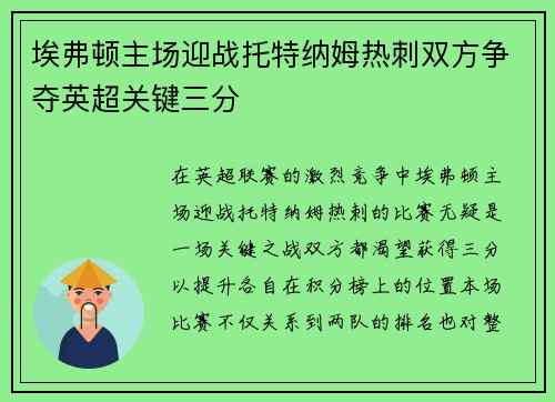 埃弗顿主场迎战托特纳姆热刺双方争夺英超关键三分