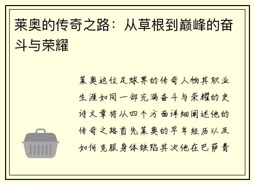 莱奥的传奇之路：从草根到巅峰的奋斗与荣耀