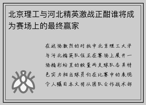 北京理工与河北精英激战正酣谁将成为赛场上的最终赢家