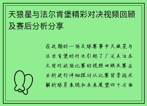 天狼星与法尔肯堡精彩对决视频回顾及赛后分析分享