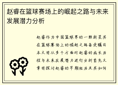 赵睿在篮球赛场上的崛起之路与未来发展潜力分析