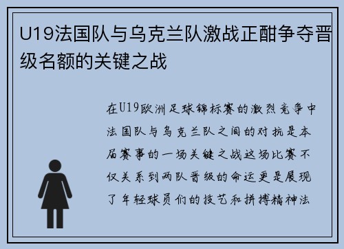 U19法国队与乌克兰队激战正酣争夺晋级名额的关键之战