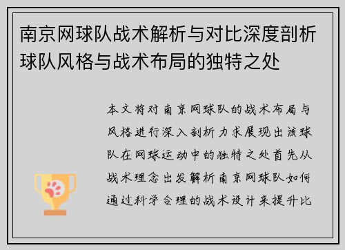 南京网球队战术解析与对比深度剖析球队风格与战术布局的独特之处
