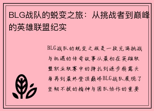 BLG战队的蜕变之旅：从挑战者到巅峰的英雄联盟纪实