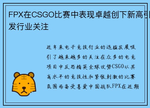 FPX在CSGO比赛中表现卓越创下新高引发行业关注