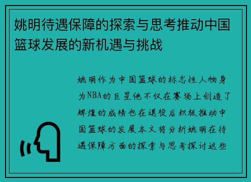 姚明待遇保障的探索与思考推动中国篮球发展的新机遇与挑战