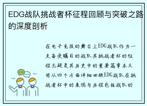 EDG战队挑战者杯征程回顾与突破之路的深度剖析