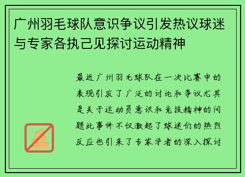 广州羽毛球队意识争议引发热议球迷与专家各执己见探讨运动精神