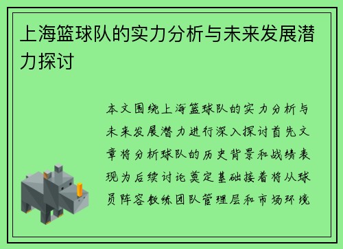 上海篮球队的实力分析与未来发展潜力探讨