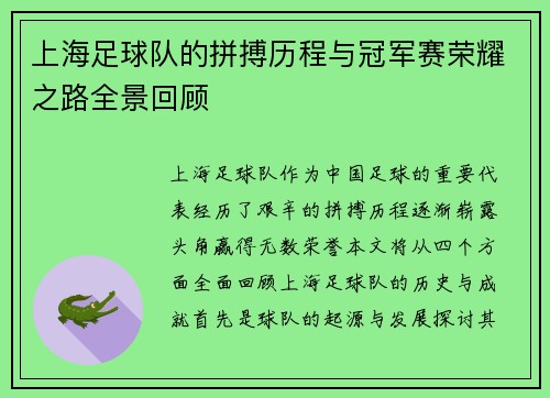 上海足球队的拼搏历程与冠军赛荣耀之路全景回顾