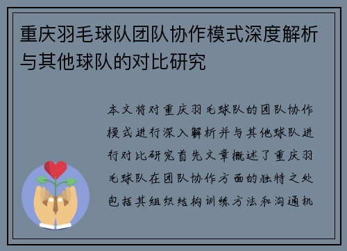 重庆羽毛球队团队协作模式深度解析与其他球队的对比研究
