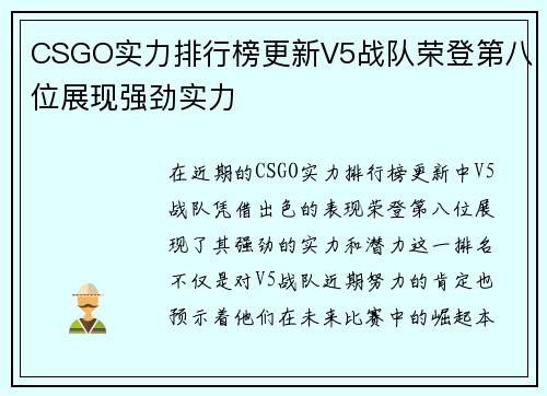 CSGO实力排行榜更新V5战队荣登第八位展现强劲实力